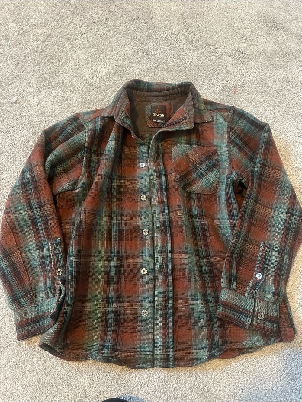 prAna men's Green & Brown Plaid Button-Down Shirt